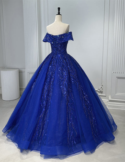 Blue Ball Gown Tulle and Beaded Long Formal Dress, Blue Tulle Sweet 16 Dress